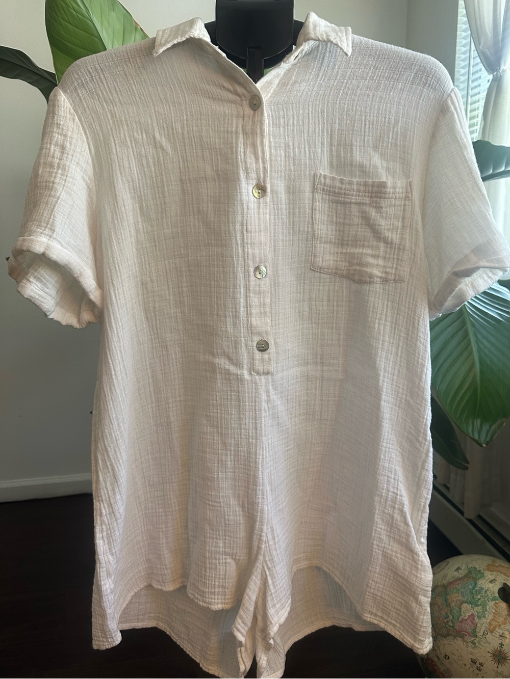 100% Cotton Gauze Ivory Button Front Relaxed Coastal Romper Roxy Size L